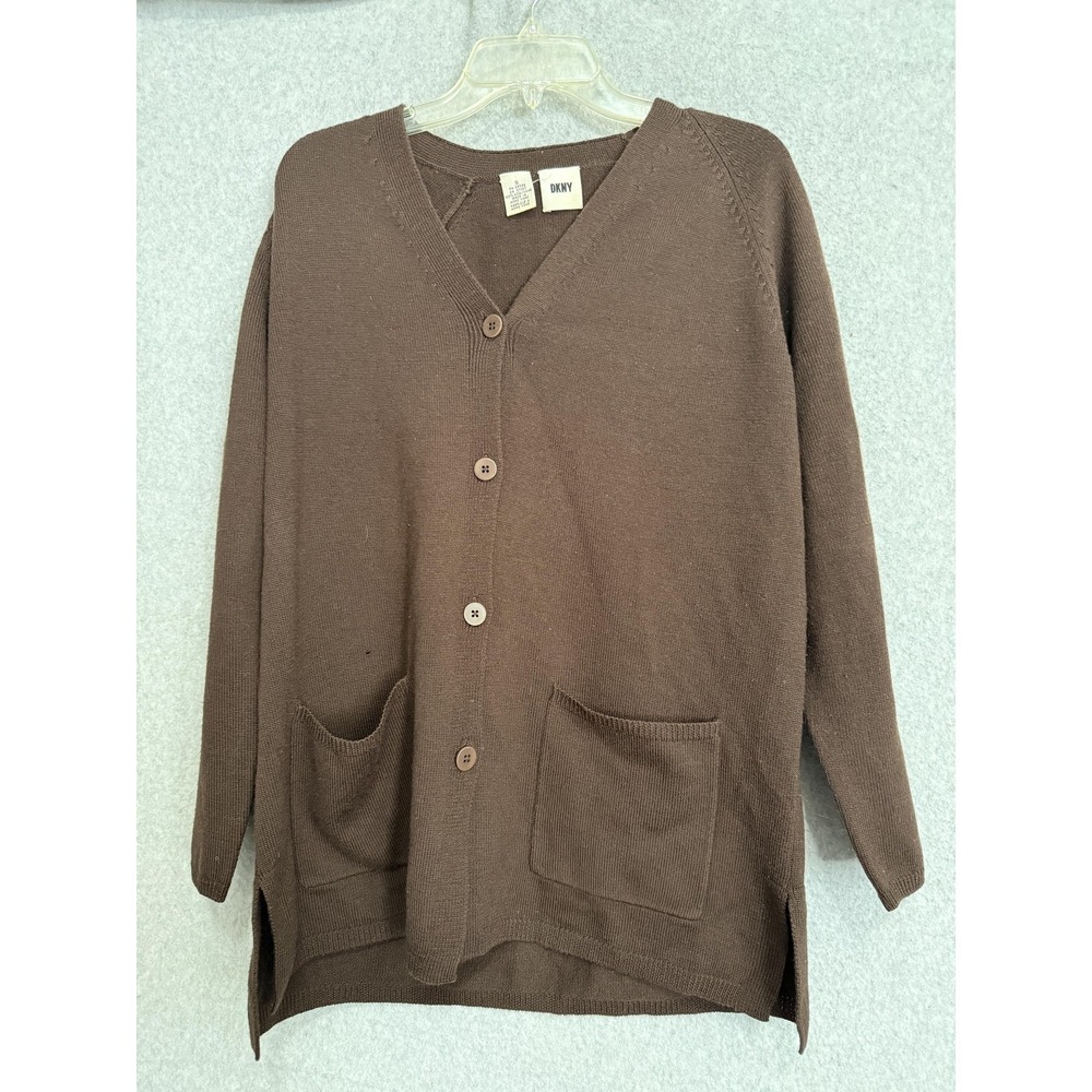 Vintage DKNY Cardigan Sweater‎ Womens Small Brown 100% Wool Pockets Hong Kong